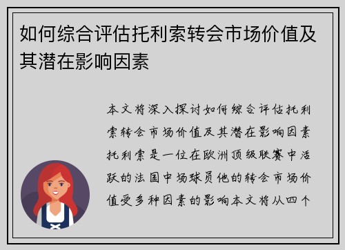 如何综合评估托利索转会市场价值及其潜在影响因素 如何综合评估托利索转会市场价值及其潜在影响因素