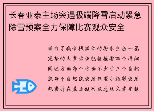 长春亚泰主场突遇极端降雪启动紧急除雪预案全力保障比赛观众安全